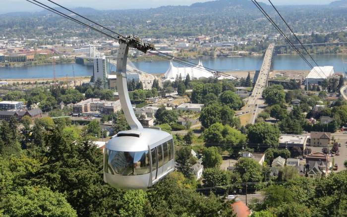 A Portland Aerial Tram car descending above the South Waterfront