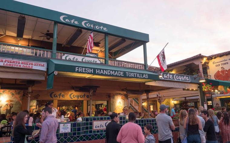 The Cafe Coyote frontage in Old Town at dusk