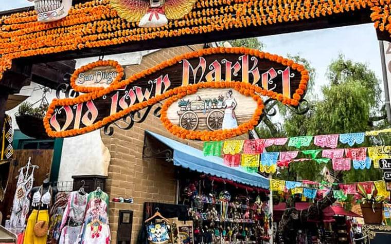 The decorated Old Town Market sign and stalls in Old Town San Diego